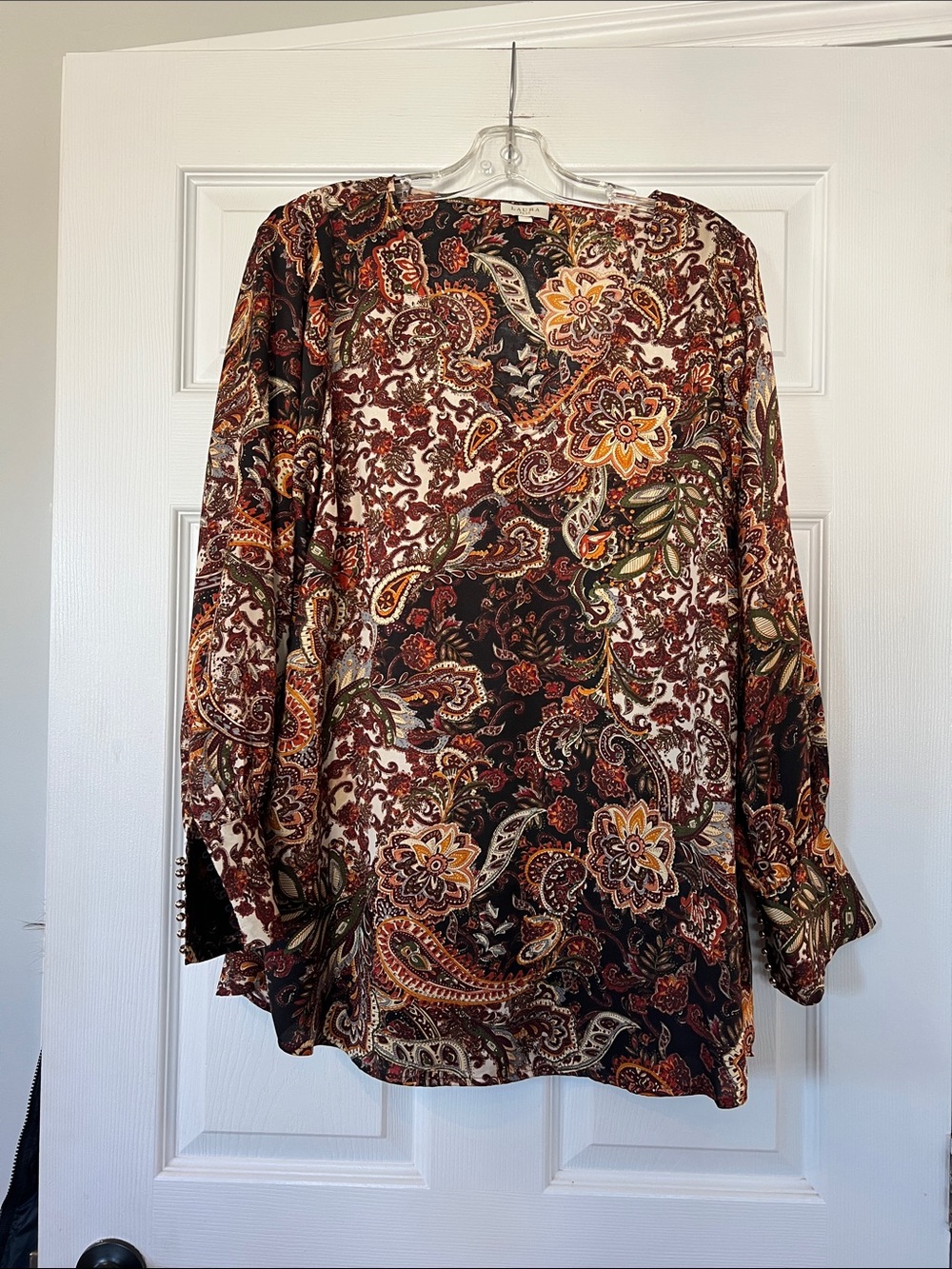 Womens Paisley Floral Long-Sleeve Blouse - Brown/Orange